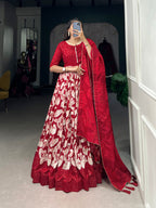 Lorenvalley Red Tussar Silk Floral Print With Foil Print Gown with Dupatta | Grocsy