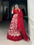 Lorenvalley Red Tussar Silk Floral Print With Foil Print Gown with Dupatta | Grocsy