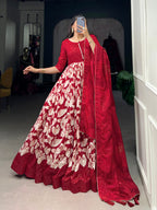 Lorenvalley Red Tussar Silk Floral Print With Foil Print Gown with Dupatta | Grocsy