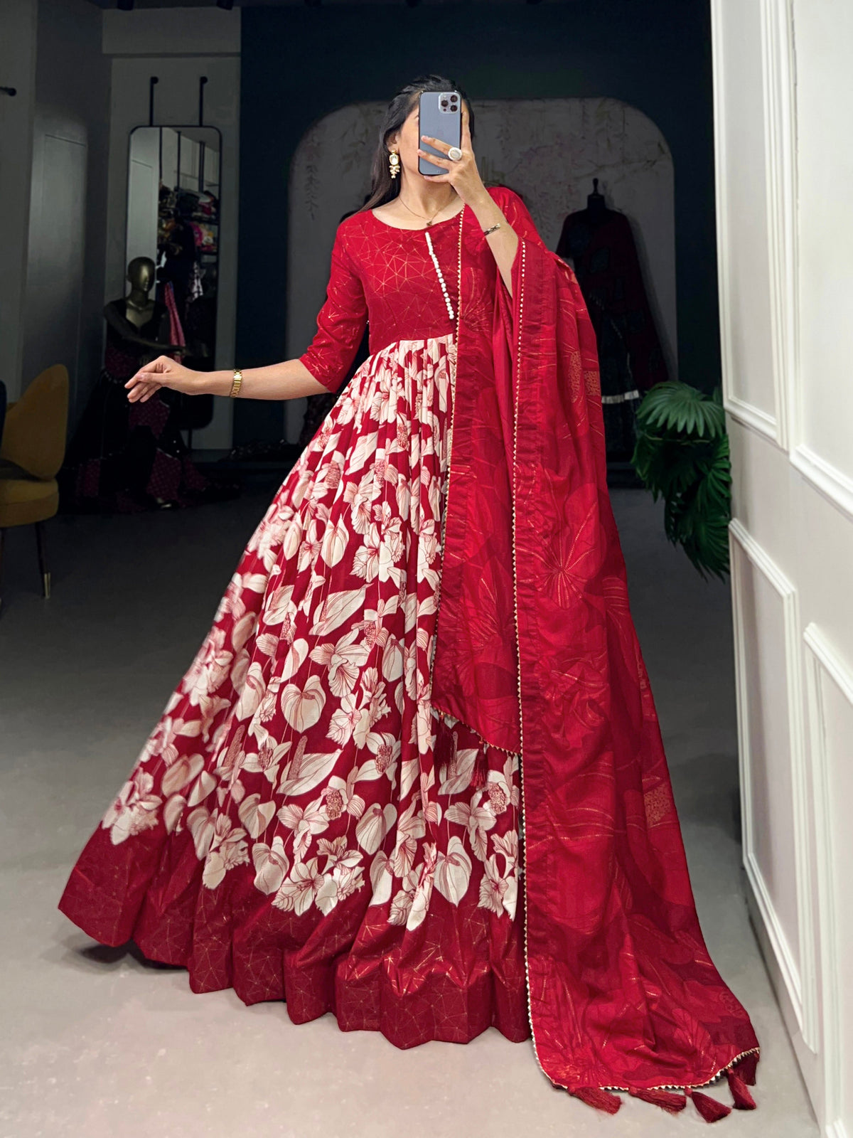 Lorenvalley Red Tussar Silk Floral Print With Foil Print Gown with Dupatta | Grocsy