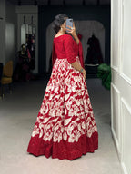 Lorenvalley Red Tussar Silk Floral Print With Foil Print Gown with Dupatta | Grocsy