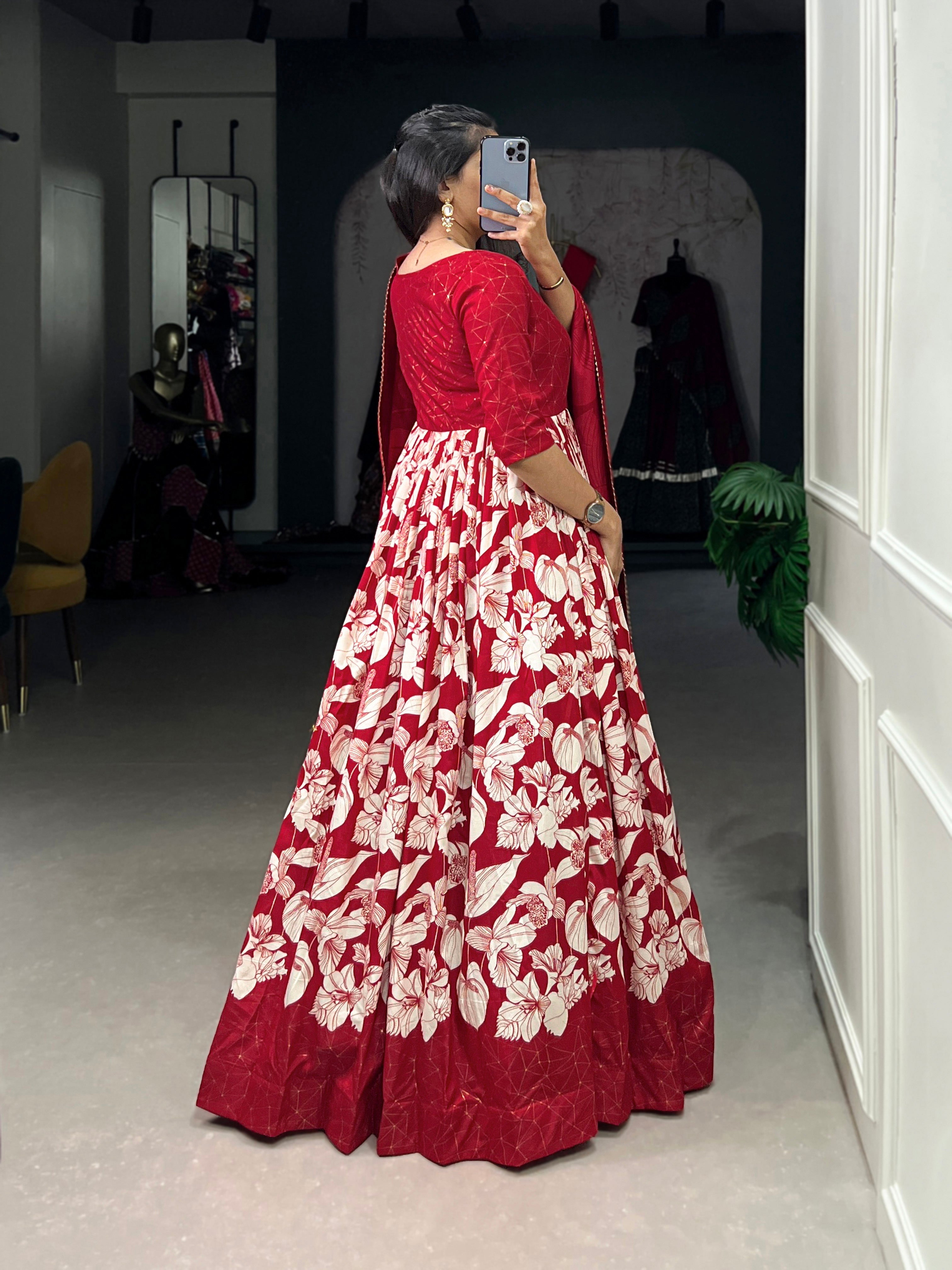 Lorenvalley Red Tussar Silk Floral Print With Foil Print Gown with Dupatta | Grocsy