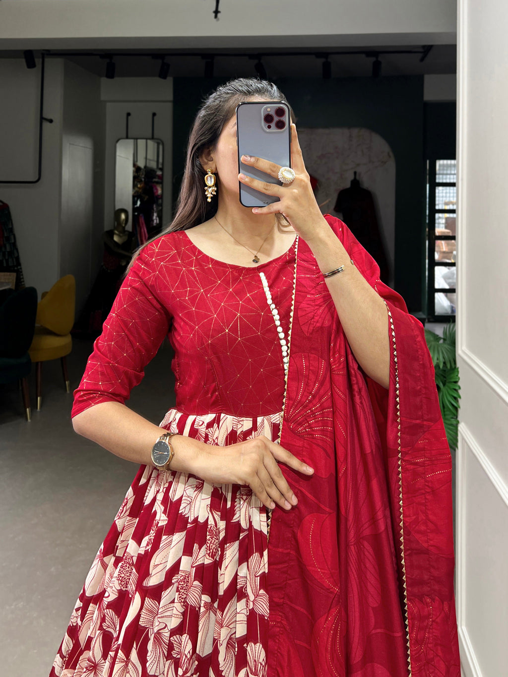Lorenvalley Red Tussar Silk Floral Print With Foil Print Gown with Dupatta | Grocsy