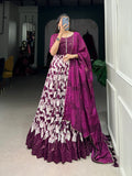 Lorenvalley Wine Tussar Silk Floral Print With Foil Print Gown with Dupatta | Grocsy