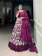 Lorenvalley Wine Tussar Silk Floral Print With Foil Print Gown with Dupatta | Grocsy