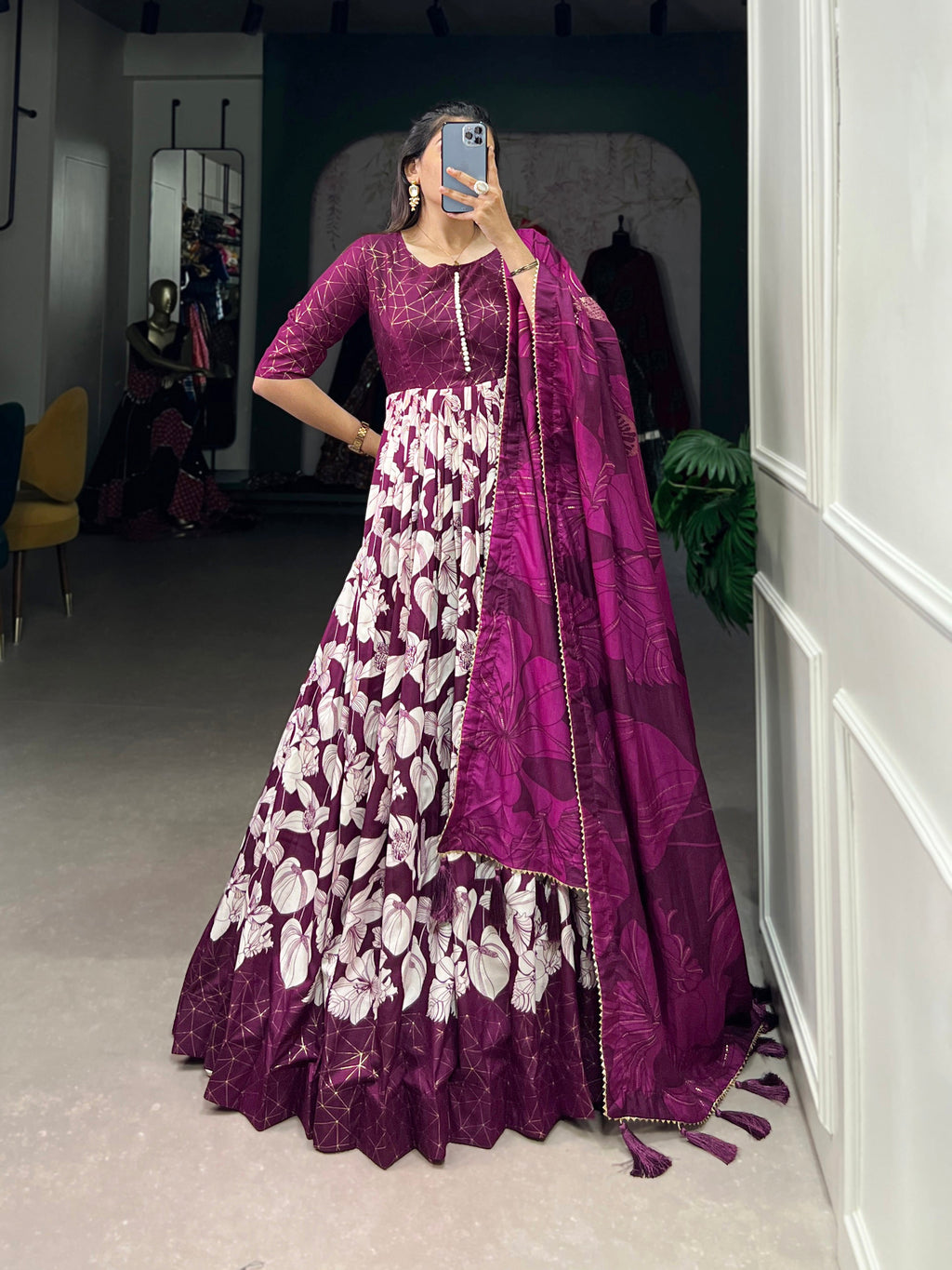 Lorenvalley Wine Tussar Silk Floral Print With Foil Print Gown with Dupatta | Grocsy