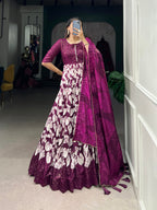 Lorenvalley Wine Tussar Silk Floral Print With Foil Print Gown with Dupatta | Grocsy