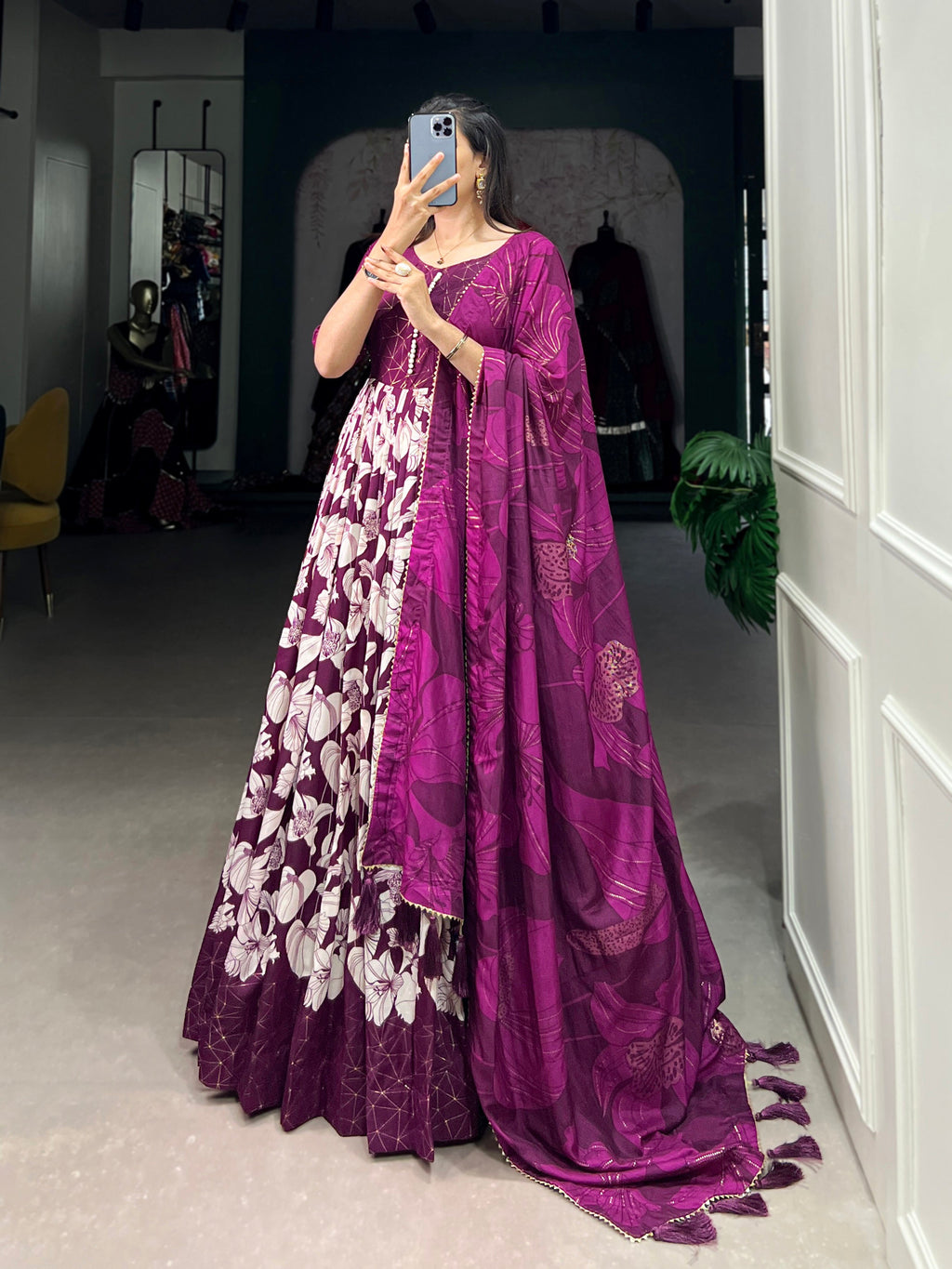 Lorenvalley Wine Tussar Silk Floral Print With Foil Print Gown with Dupatta | Grocsy