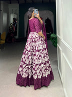 Lorenvalley Wine Tussar Silk Floral Print With Foil Print Gown with Dupatta | Grocsy