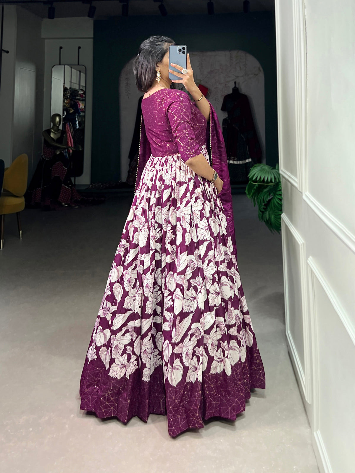 Lorenvalley Wine Tussar Silk Floral Print With Foil Print Gown with Dupatta | Grocsy