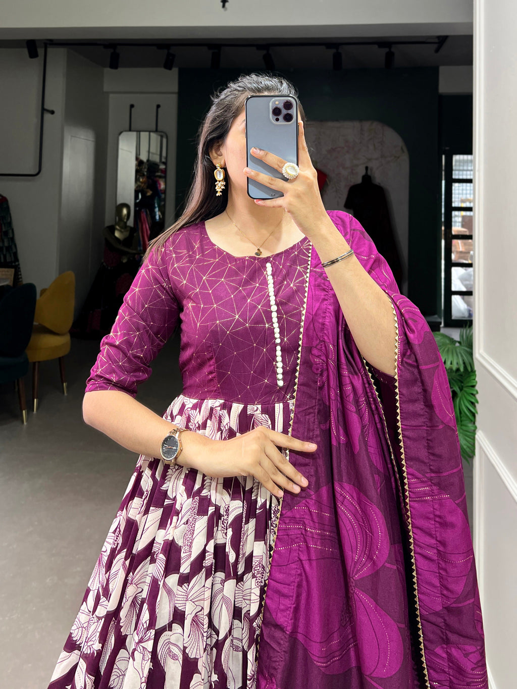 Lorenvalley Wine Tussar Silk Floral Print With Foil Print Gown with Dupatta | Grocsy