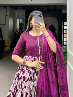 Lorenvalley Wine Tussar Silk Floral Print With Foil Print Gown with Dupatta | Grocsy