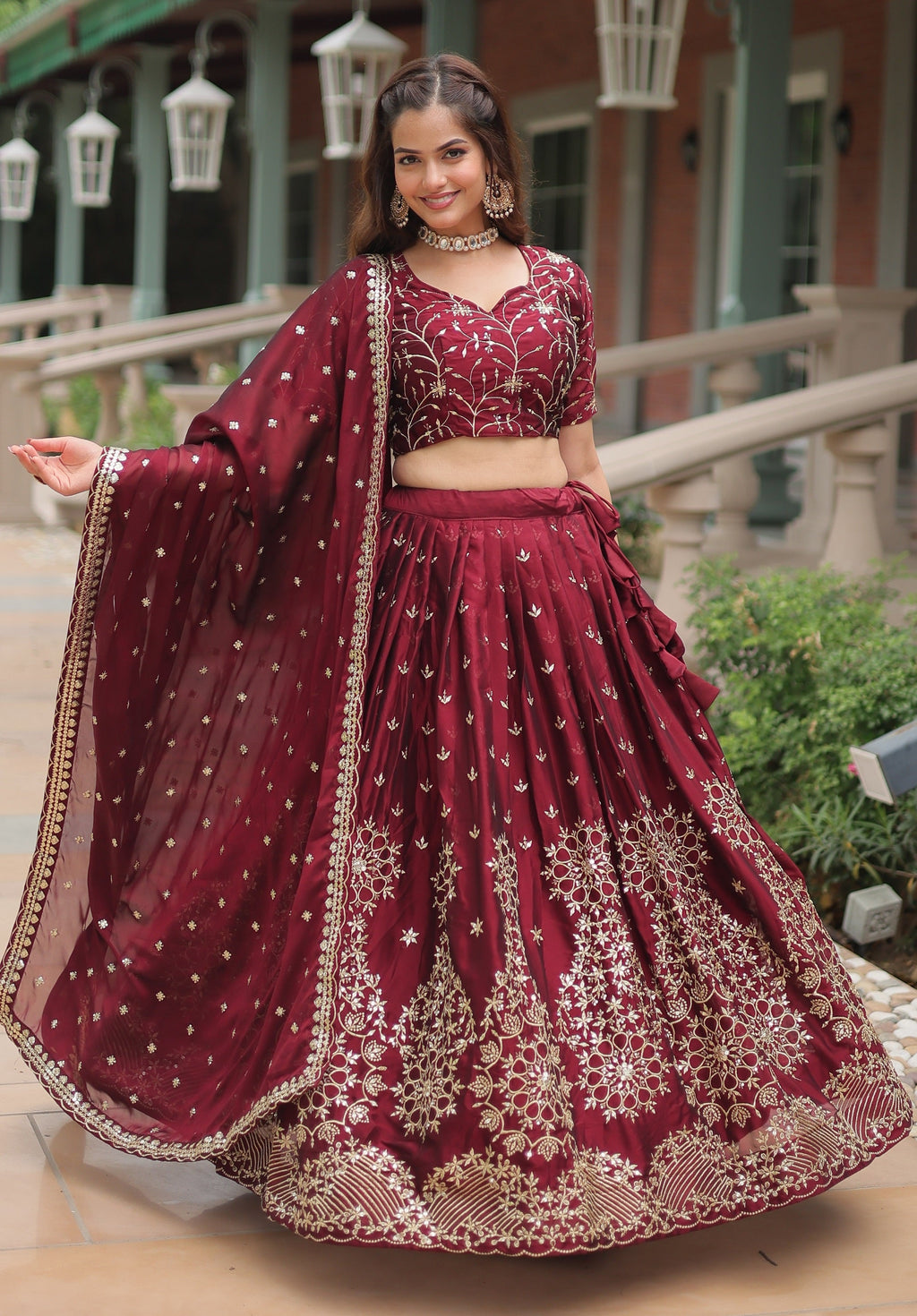 Vedant Vastram Heavy Sequins & Thread Embroidered Work Rangoli Silk Lehenga Choli With Blouse & Dupatta - Maroon | Grocsy