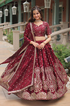 Vedant Vastram Heavy Sequins & Thread Embroidered Work Rangoli Silk Lehenga Choli With Blouse & Dupatta - Maroon | Grocsy