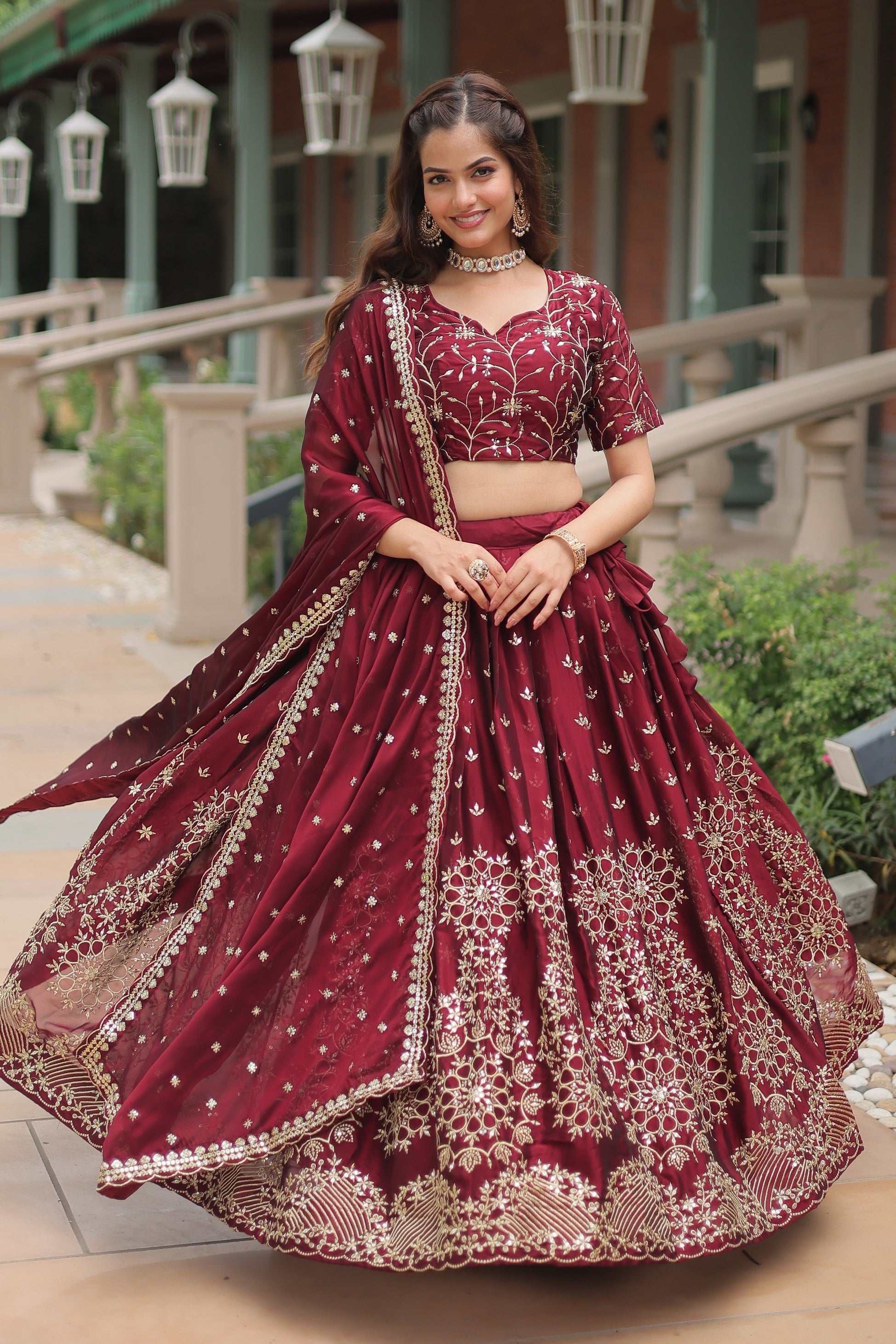 Vedant Vastram Heavy Sequins & Thread Embroidered Work Rangoli Silk Lehenga Choli With Blouse & Dupatta - Maroon | Grocsy