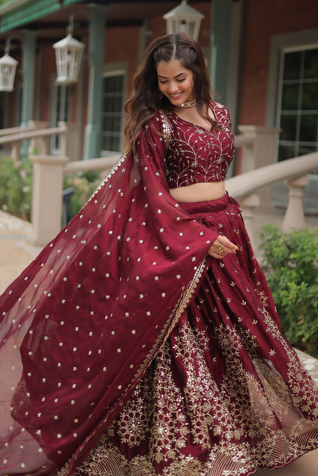 Vedant Vastram Heavy Sequins & Thread Embroidered Work Rangoli Silk Lehenga Choli With Blouse & Dupatta - Maroon | Grocsy