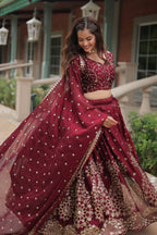Vedant Vastram Heavy Sequins & Thread Embroidered Work Rangoli Silk Lehenga Choli With Blouse & Dupatta - Maroon | Grocsy