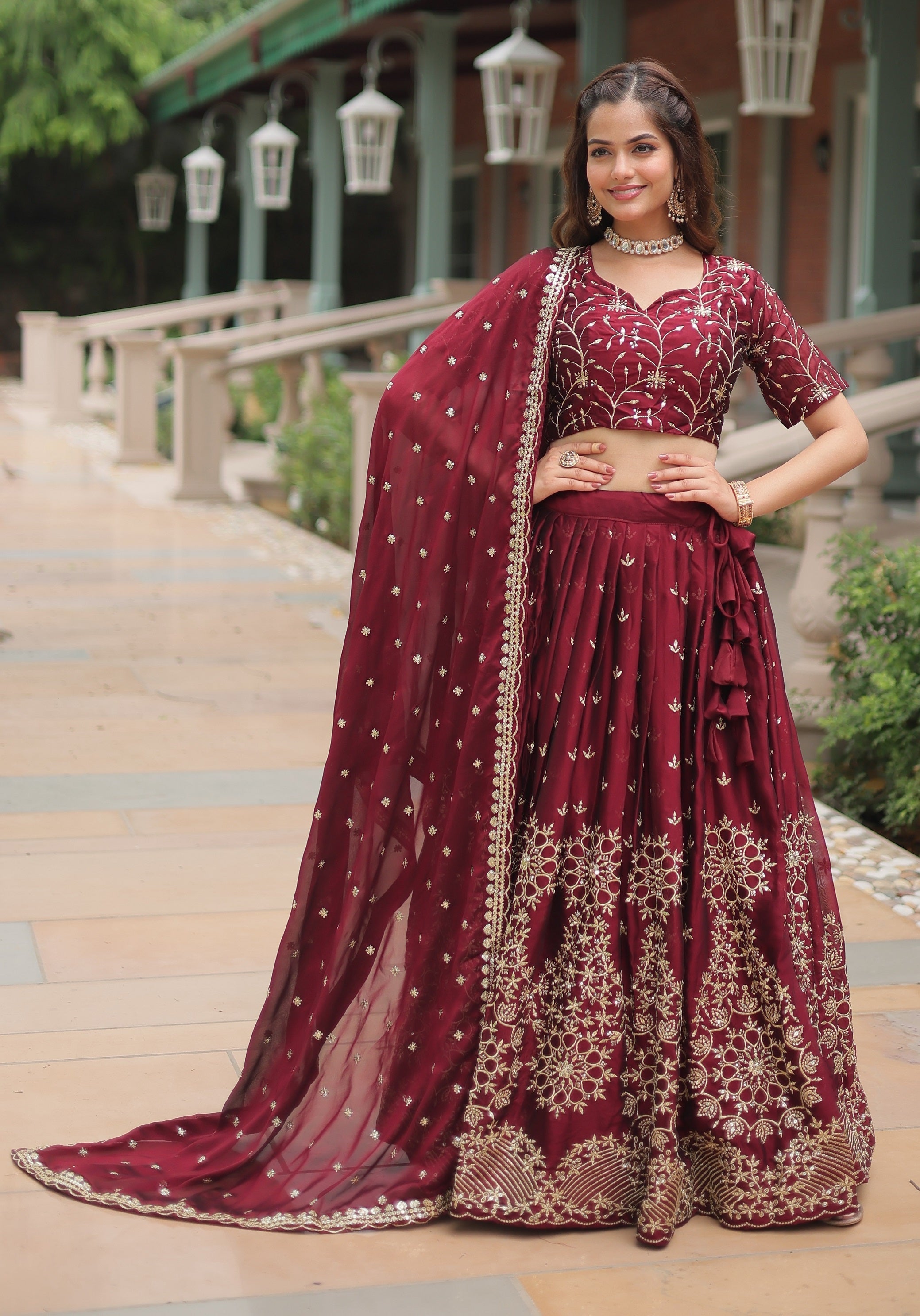Vedant Vastram Heavy Sequins & Thread Embroidered Work Rangoli Silk Lehenga Choli With Blouse & Dupatta - Maroon | Grocsy