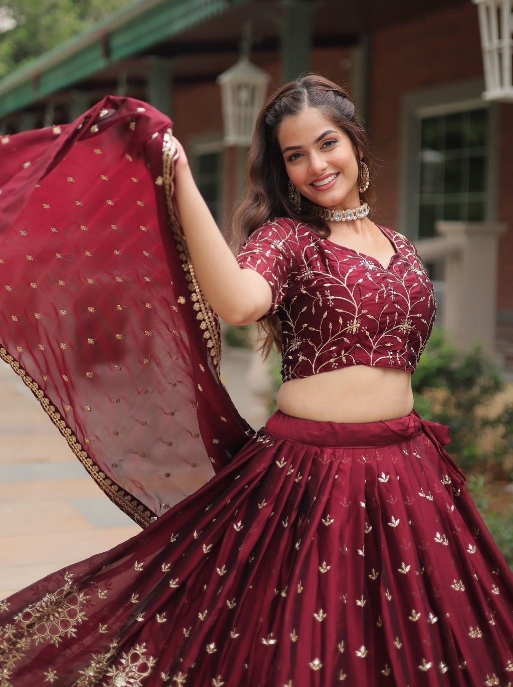 Vedant Vastram Heavy Sequins & Thread Embroidered Work Rangoli Silk Lehenga Choli With Blouse & Dupatta - Maroon | Grocsy