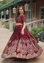 Vedant Vastram Heavy Sequins & Thread Embroidered Work Rangoli Silk Lehenga Choli With Blouse & Dupatta - Maroon | Grocsy