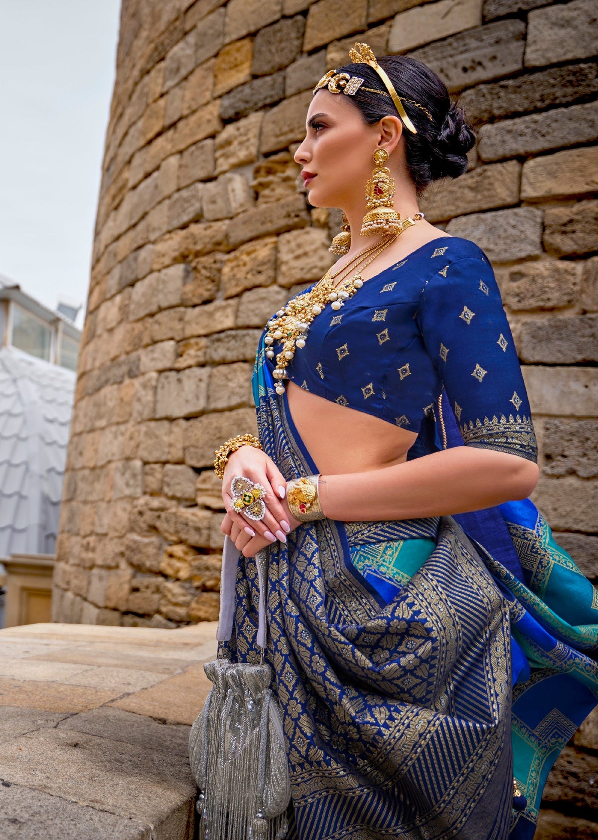 Monjolika Fashion Navy Blue Color Weaving Border Silk Saree With Blouse | Grocsy