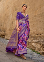 Monjolika Fashion Dark Violet Color Weaving Border Silk Saree With Blouse | Grocsy