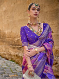 Monjolika Fashion Dark Violet Color Weaving Border Silk Saree With Blouse | Grocsy