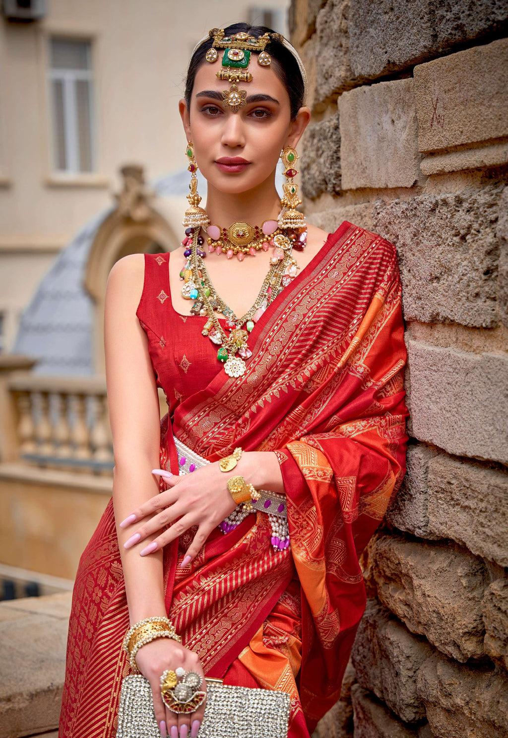 Monjolika Fashion Red Color Weaving Border Silk Saree With Blouse | Grocsy