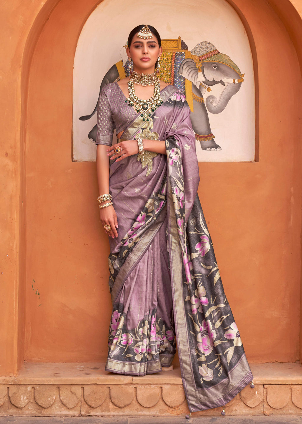 Monjolika Fashion Mauve Color Digitally Printed Weaving Silk Saree With Blouse | Grocsy