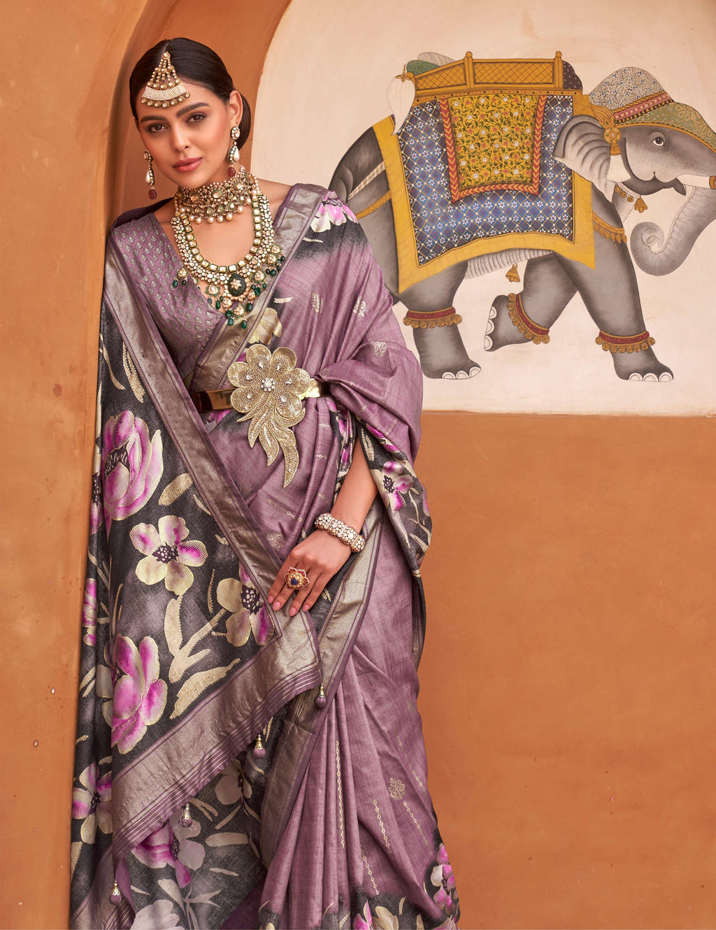 Monjolika Fashion Mauve Color Digitally Printed Weaving Silk Saree With Blouse | Grocsy
