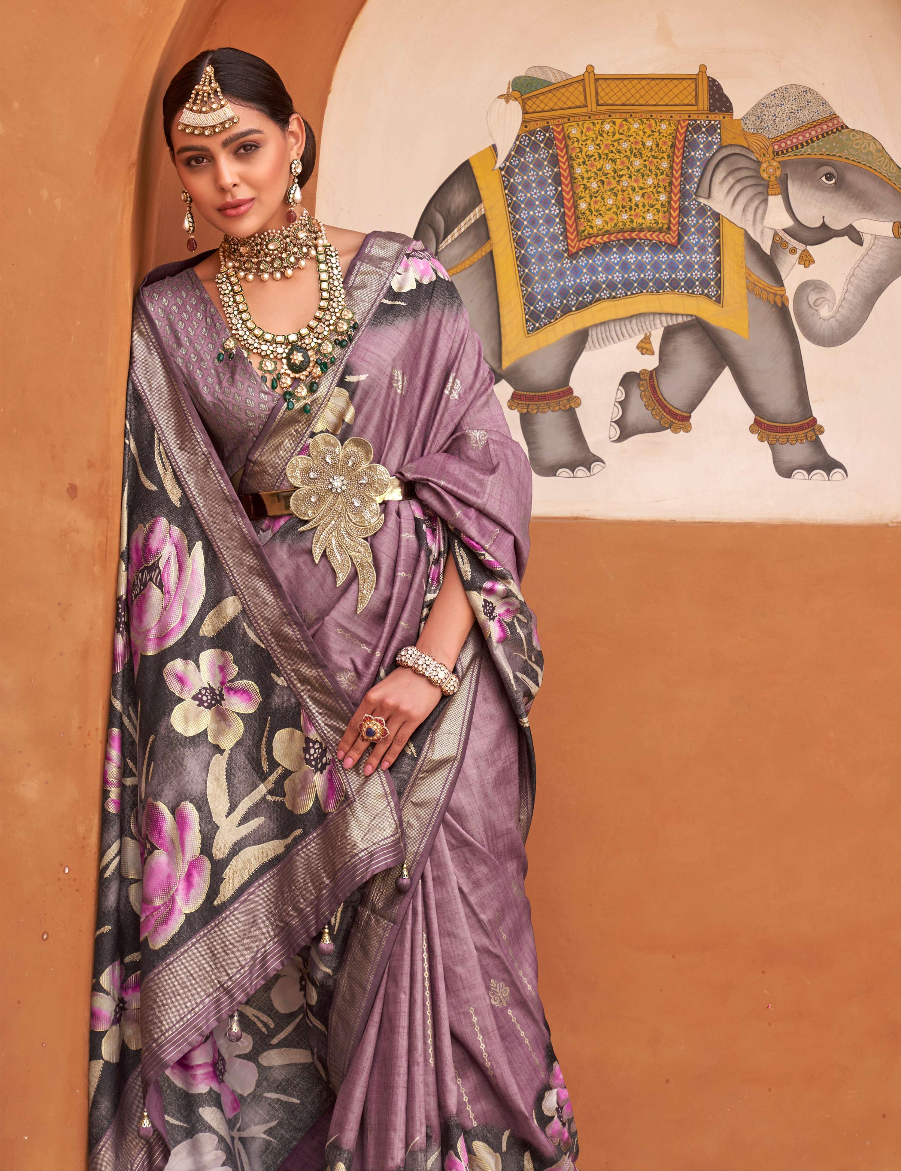 Monjolika Fashion Mauve Color Digitally Printed Weaving Silk Saree With Blouse | Grocsy