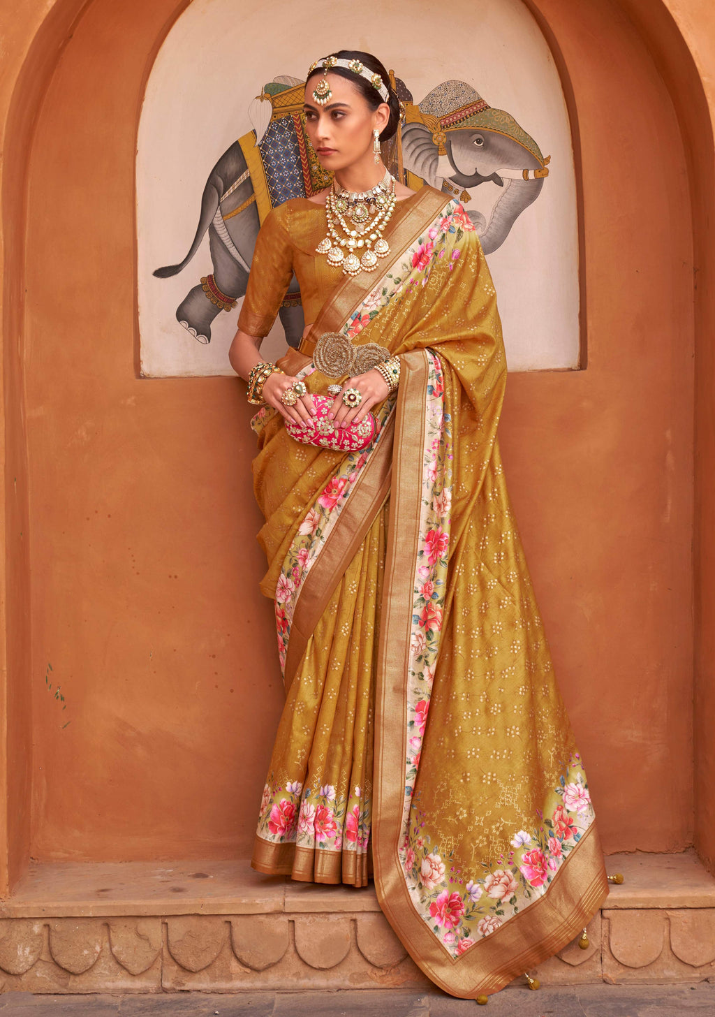 Monjolika Fashion Amber Color Digitally Printed Weaving Silk Saree With Blouse | Grocsy