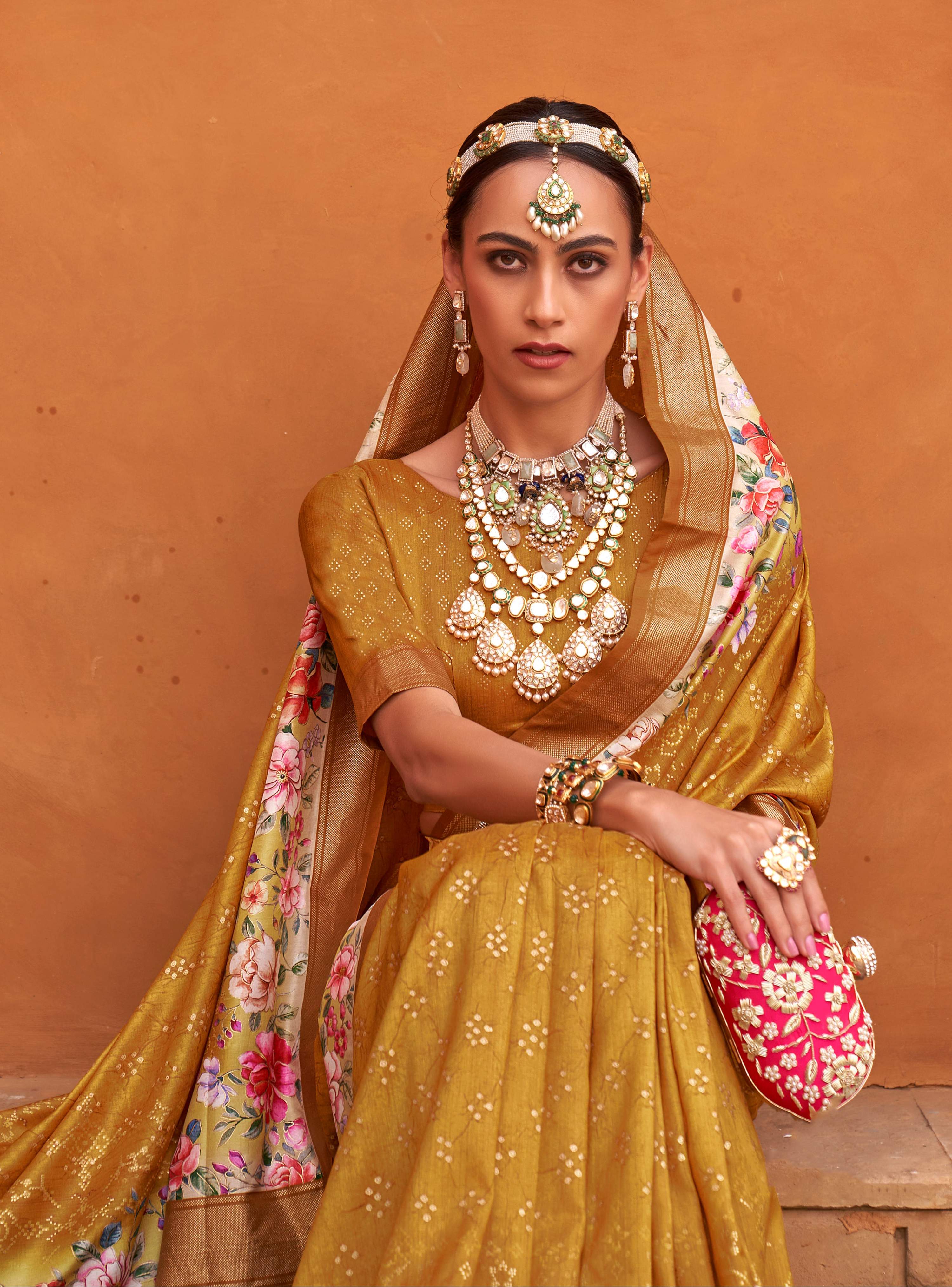 Monjolika Fashion Amber Color Digitally Printed Weaving Silk Saree With Blouse | Grocsy