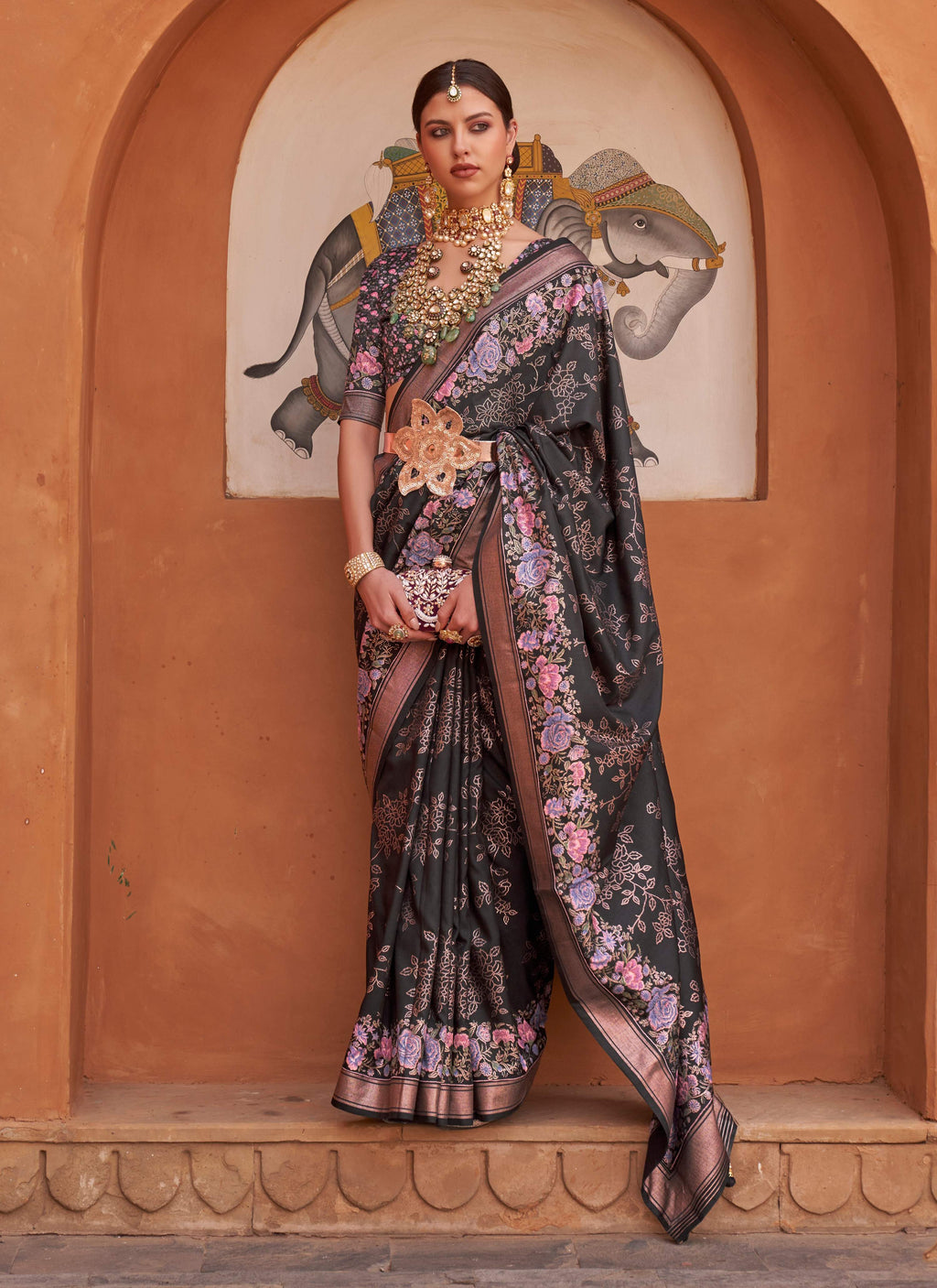 Monjolika Fashion Black Color Digitally Printed Weaving Silk Saree With Blouse | Grocsy