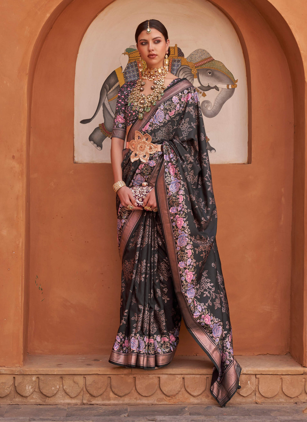 Monjolika Fashion Black Color Digitally Printed Weaving Silk Saree With Blouse | Grocsy