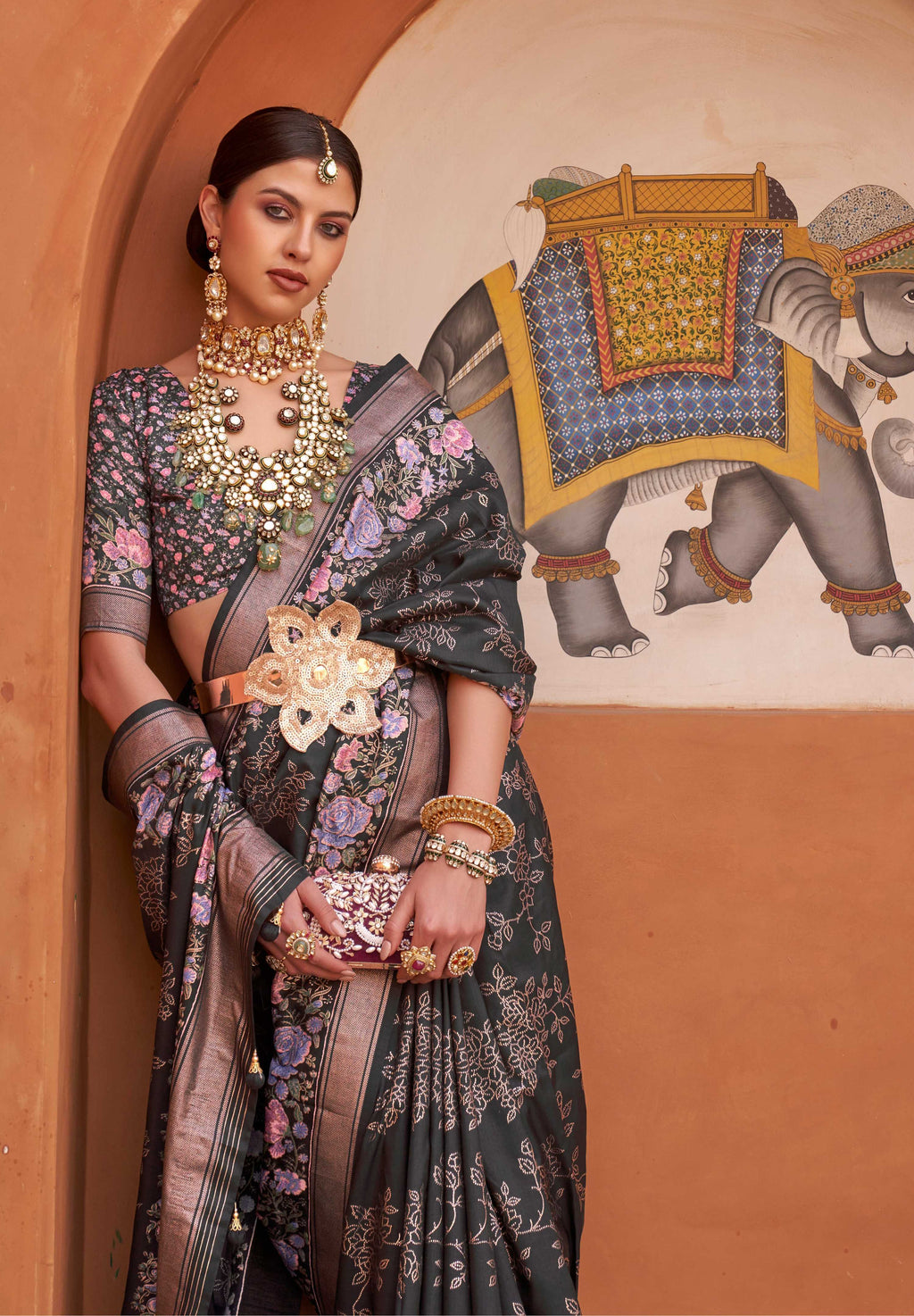 Monjolika Fashion Black Color Digitally Printed Weaving Silk Saree With Blouse | Grocsy