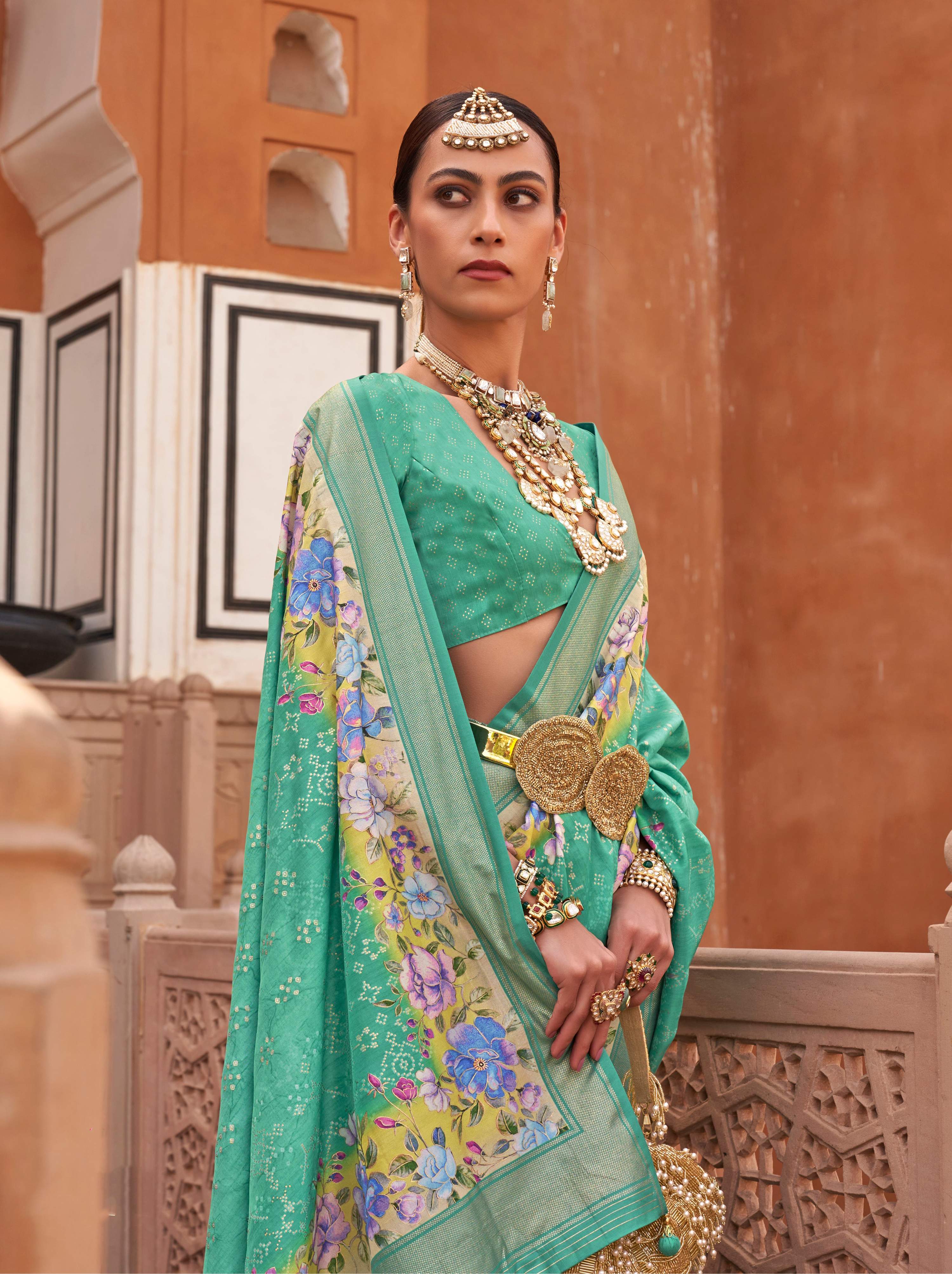 Monjolika Fashion Sea Green Color Digitally Printed Weaving Silk Saree With Blouse | Grocsy