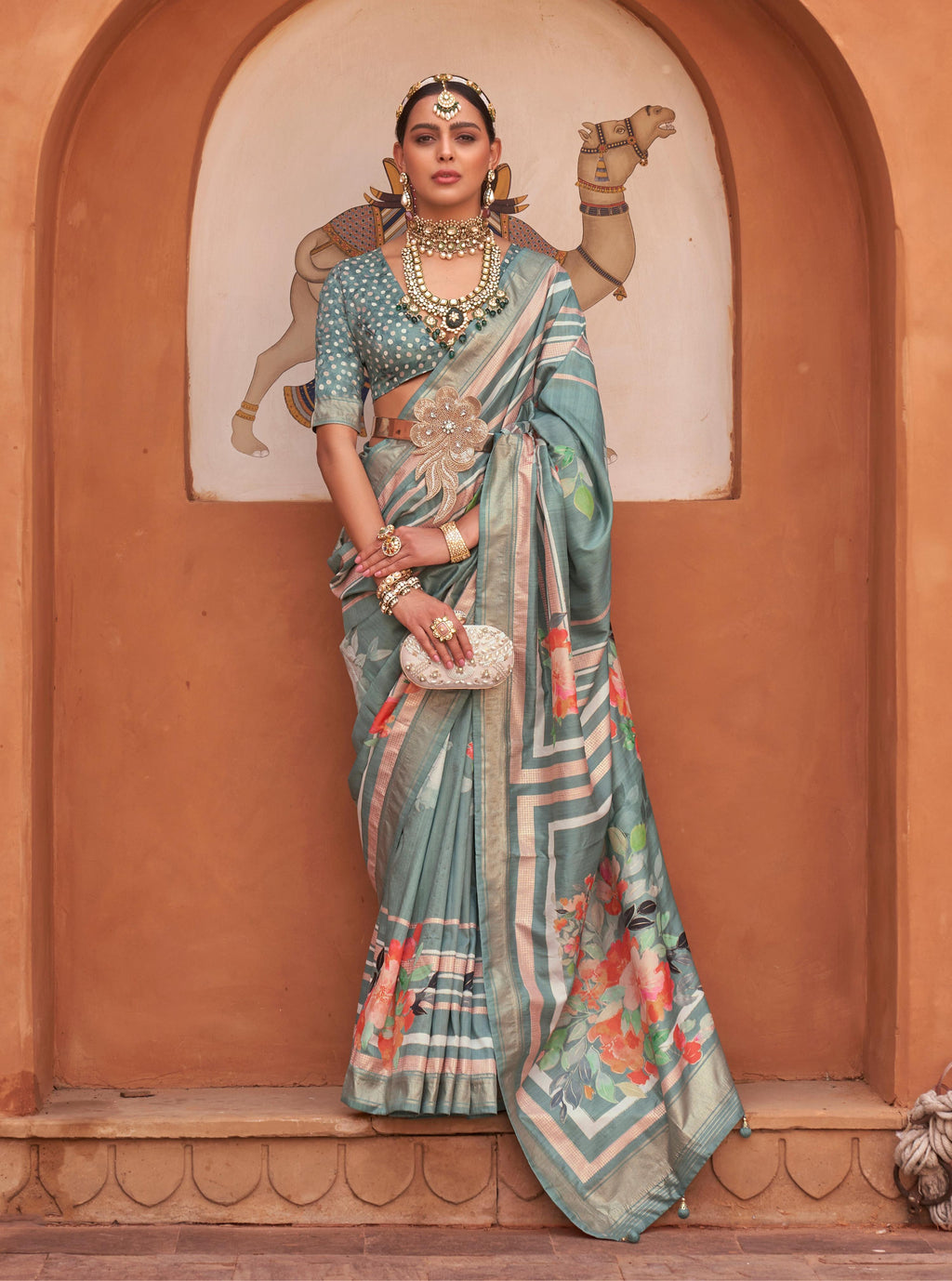 Monjolika Fashion Light Teal Color Digitally Printed Weaving Silk Saree With Blouse | Grocsy