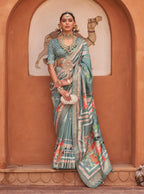Monjolika Fashion Light Teal Color Digitally Printed Weaving Silk Saree With Blouse | Grocsy