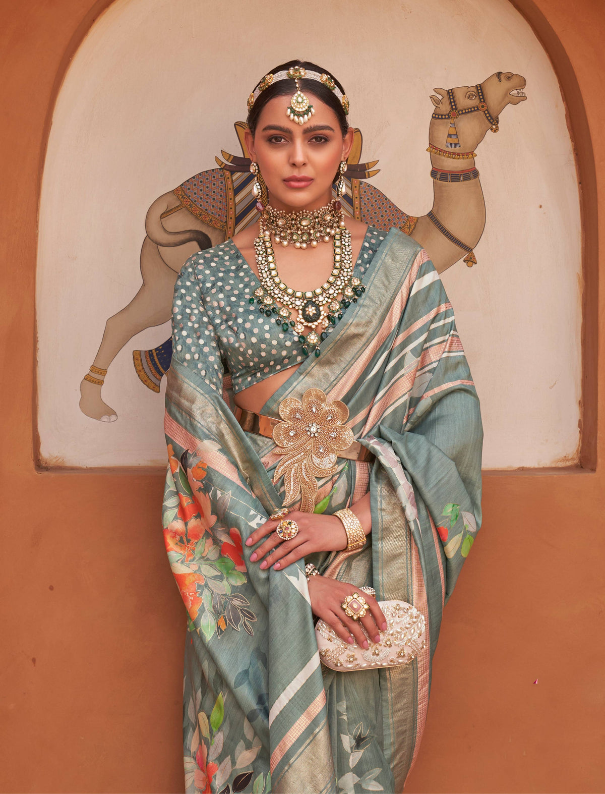 Monjolika Fashion Light Teal Color Digitally Printed Weaving Silk Saree With Blouse | Grocsy