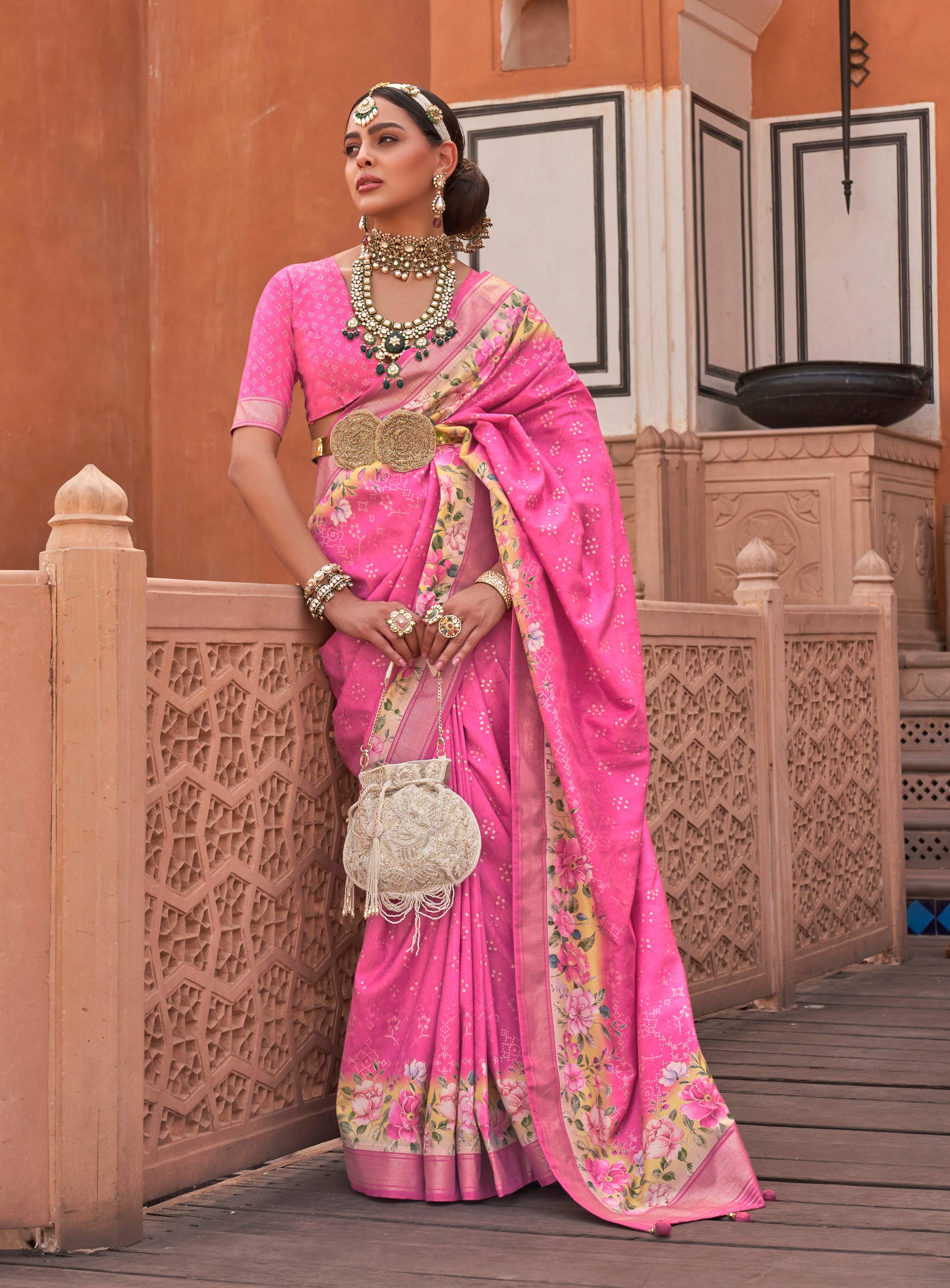 Monjolika Fashion Rose Pink Color Digitally Printed Weaving Silk Saree With Blouse | Grocsy