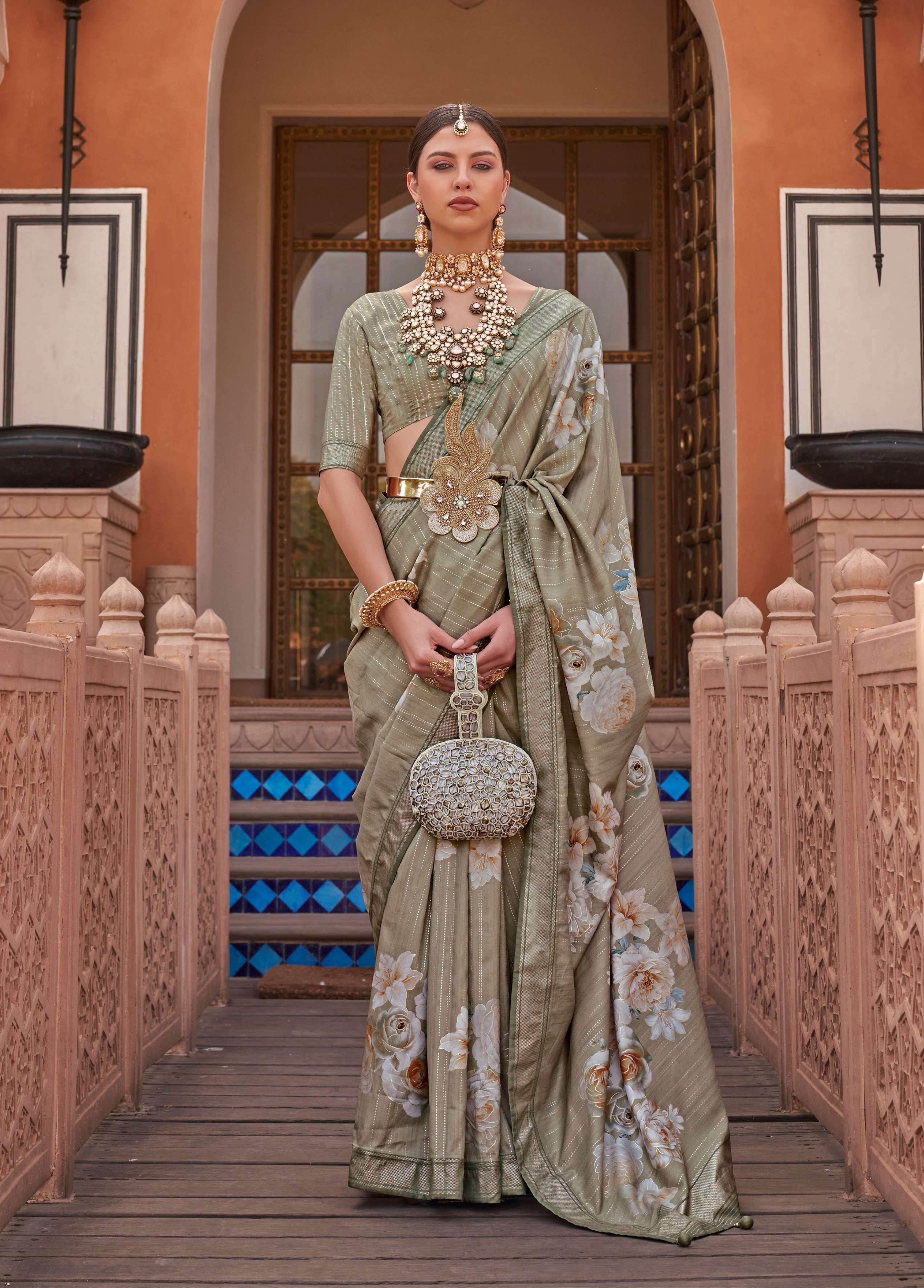 Monjolika Fashion Dark Beige Color Digitally Printed Weaving Silk Saree With Blouse | Grocsy