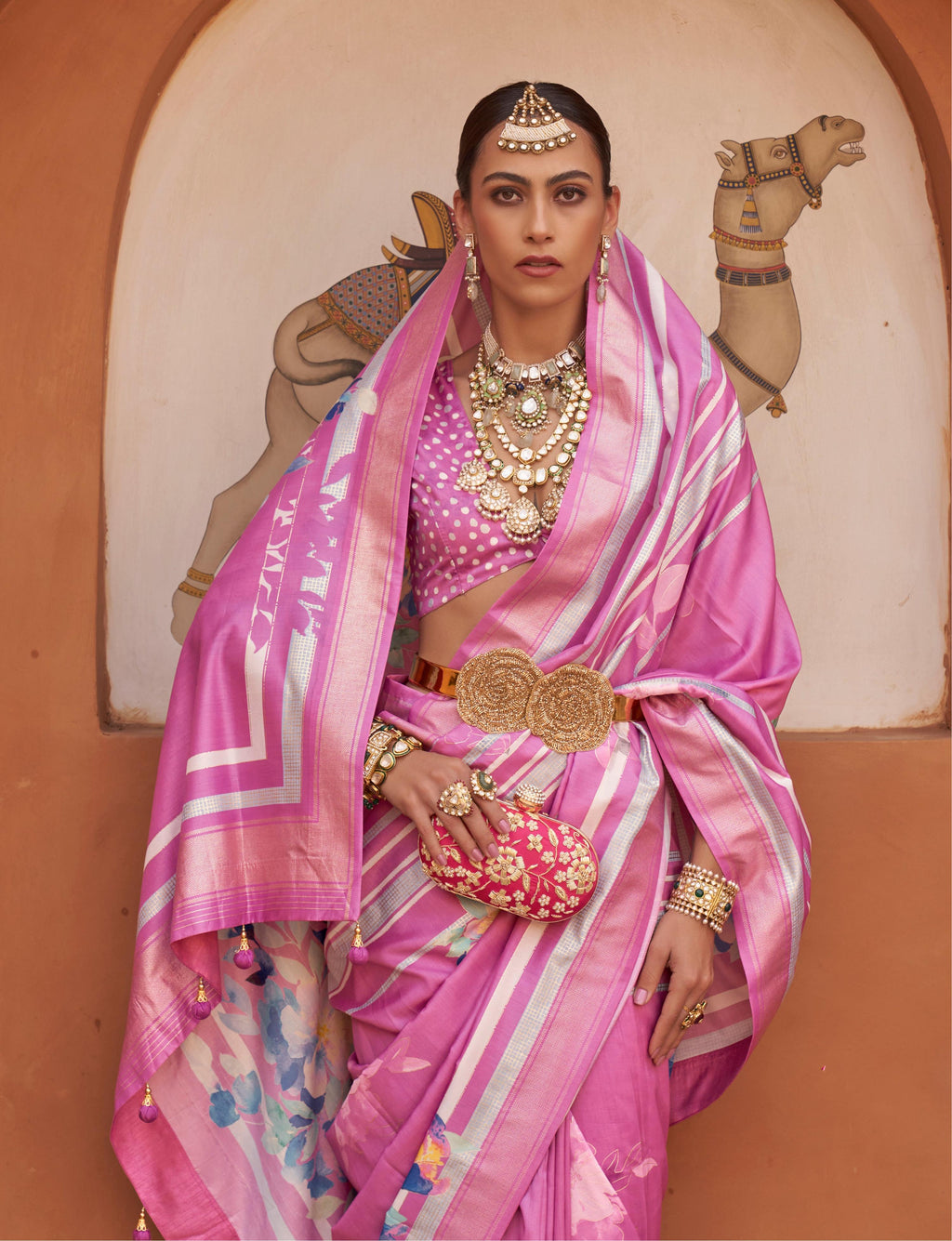 Monjolika Fashion Rose Pink Color Digitally Printed Weaving Silk Saree With Blouse | Grocsy