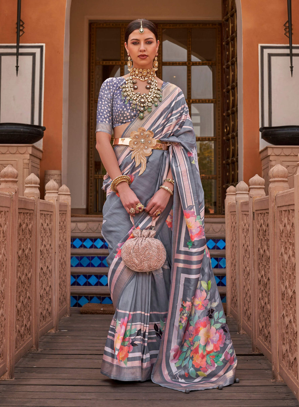 Monjolika Fashion Grey Color Digitally Printed Weaving Silk Saree With Blouse | Grocsy