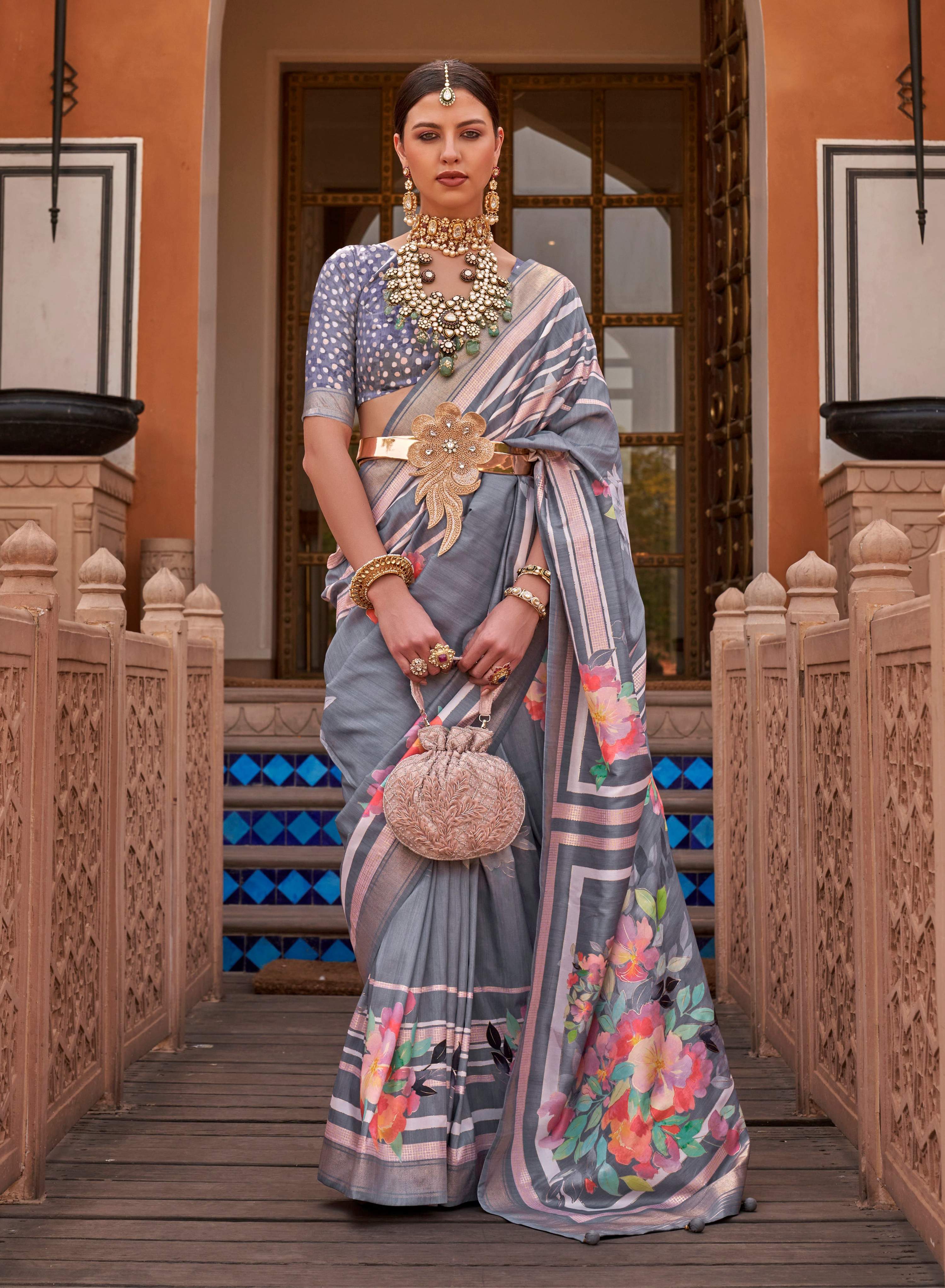 Monjolika Fashion Grey Color Digitally Printed Weaving Silk Saree With Blouse | Grocsy