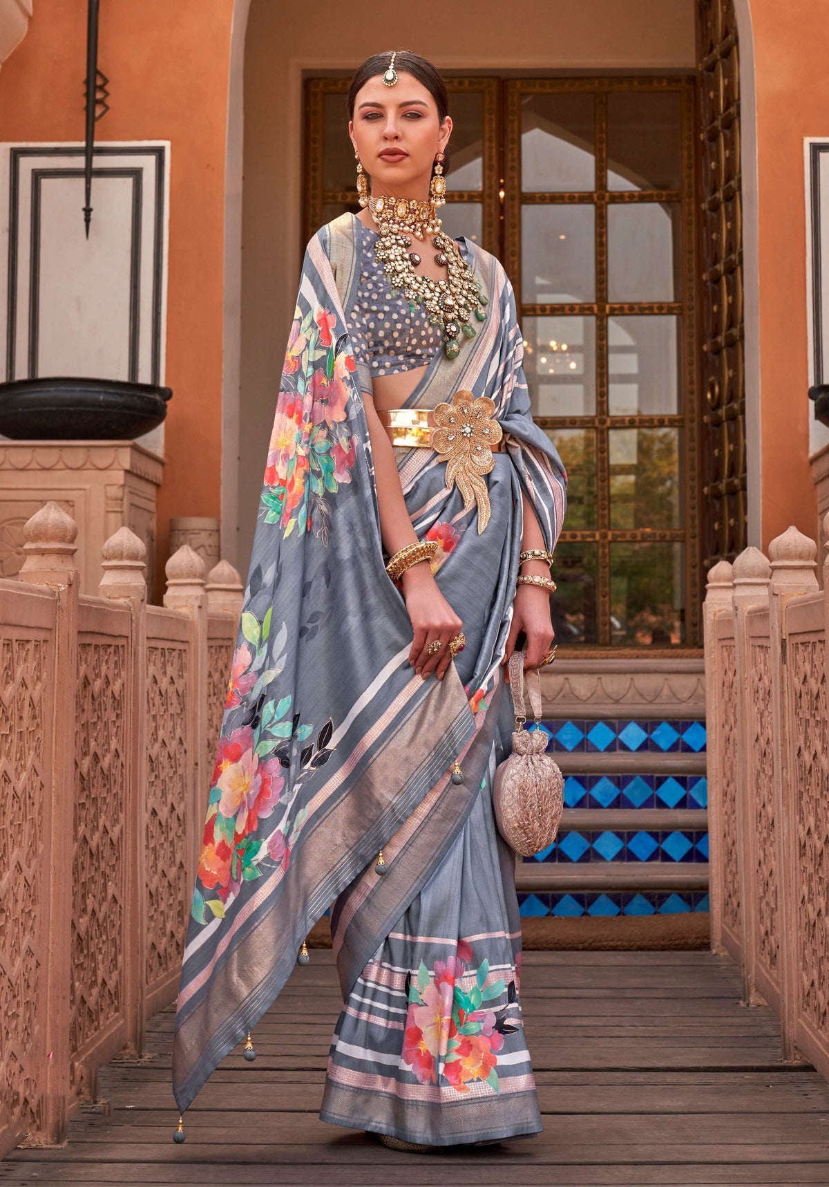 Monjolika Fashion Grey Color Digitally Printed Weaving Silk Saree With Blouse | Grocsy