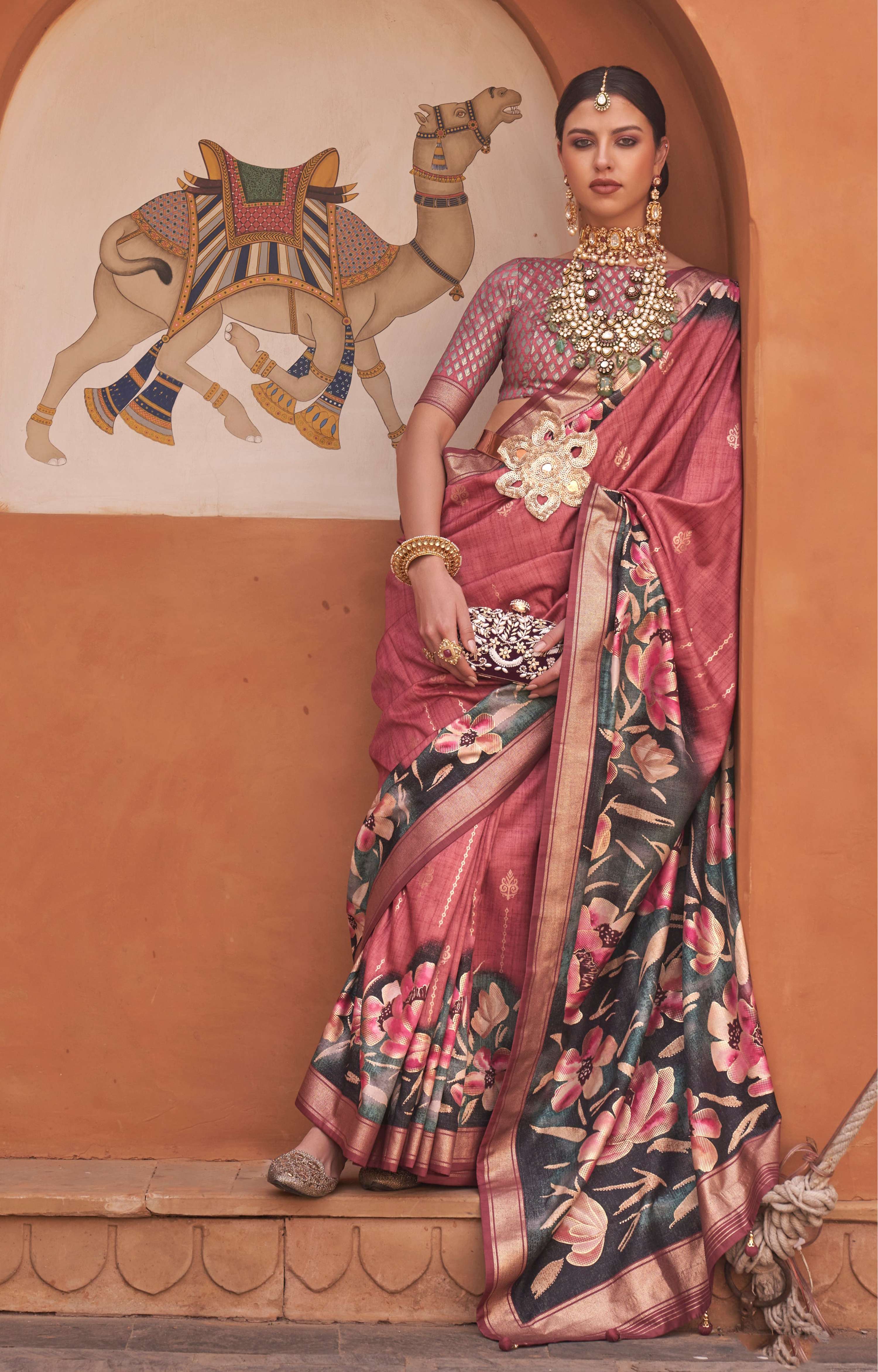 Monjolika Fashion Rust Color Digitally Printed Weaving Silk Saree With Blouse | Grocsy