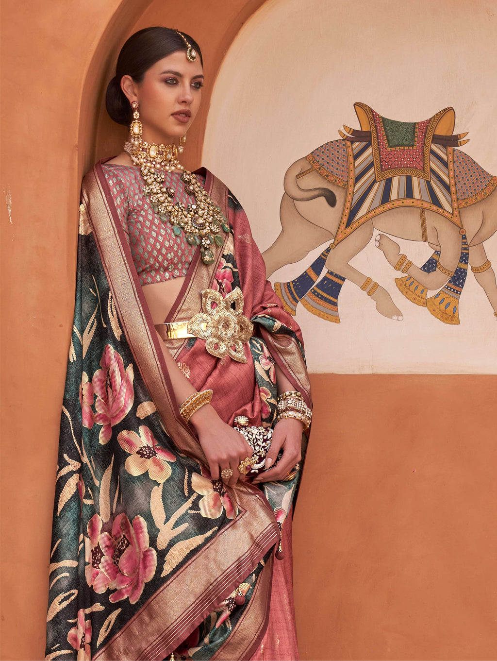 Monjolika Fashion Rust Color Digitally Printed Weaving Silk Saree With Blouse | Grocsy