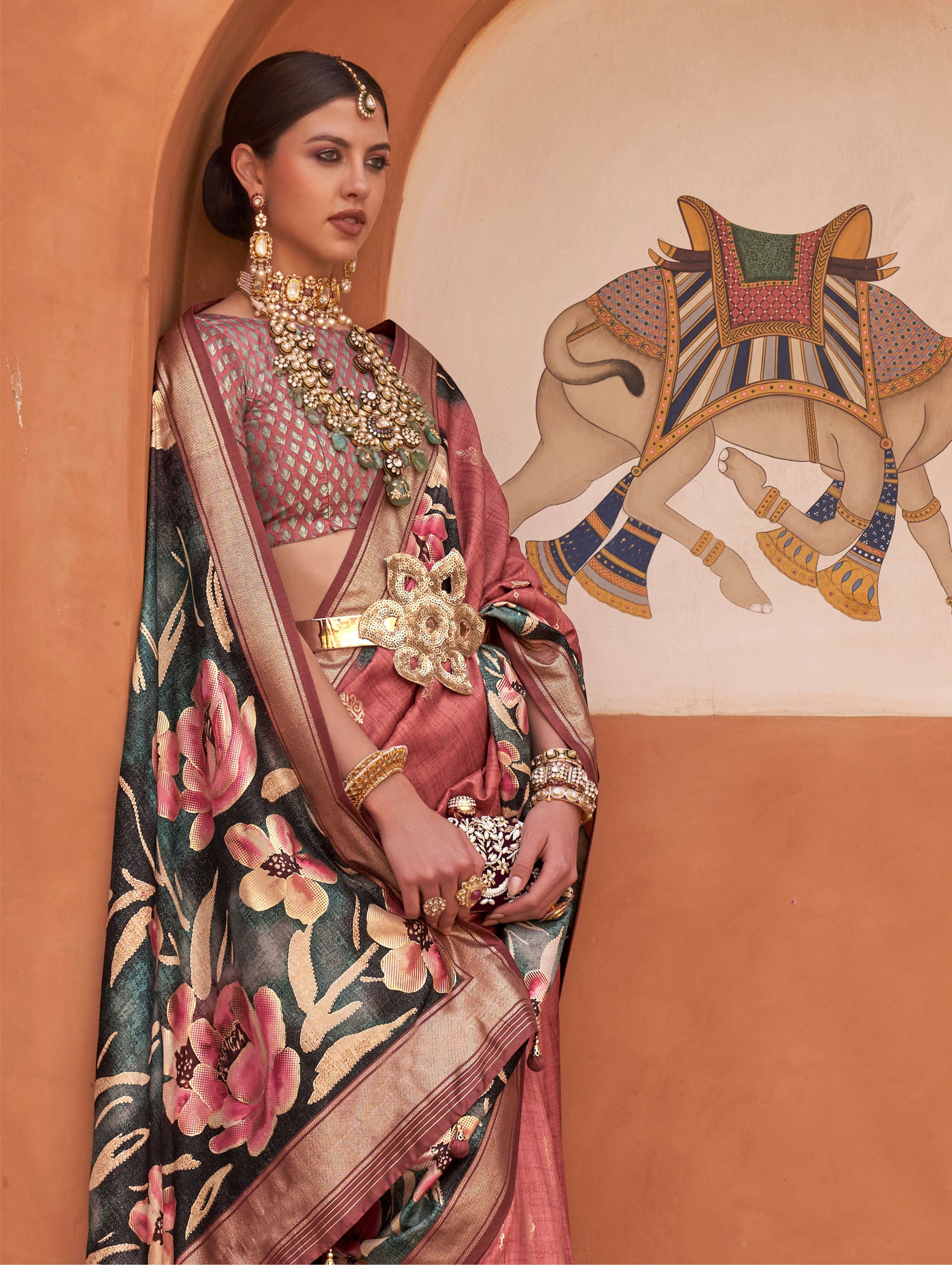 Monjolika Fashion Rust Color Digitally Printed Weaving Silk Saree With Blouse | Grocsy