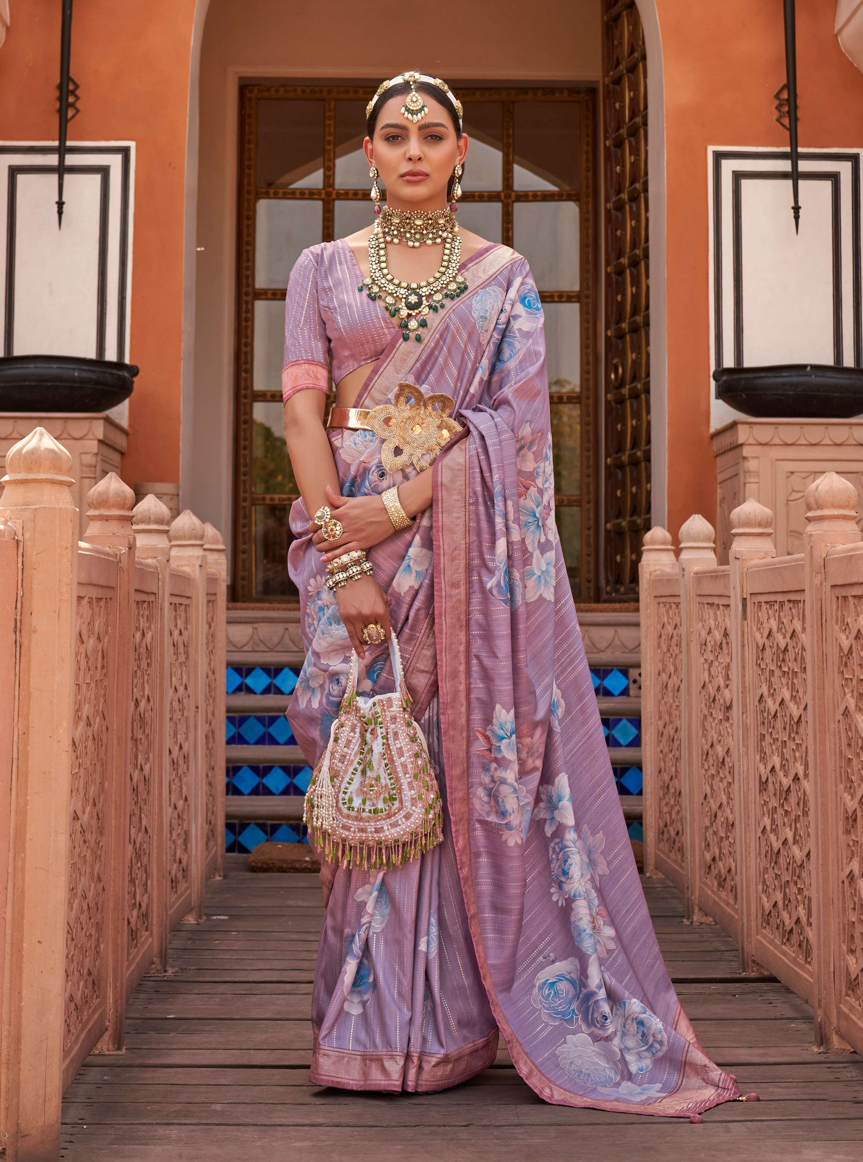 Monjolika Fashion Lavender Color Digitally Printed Weaving Silk Saree With Blouse | Grocsy